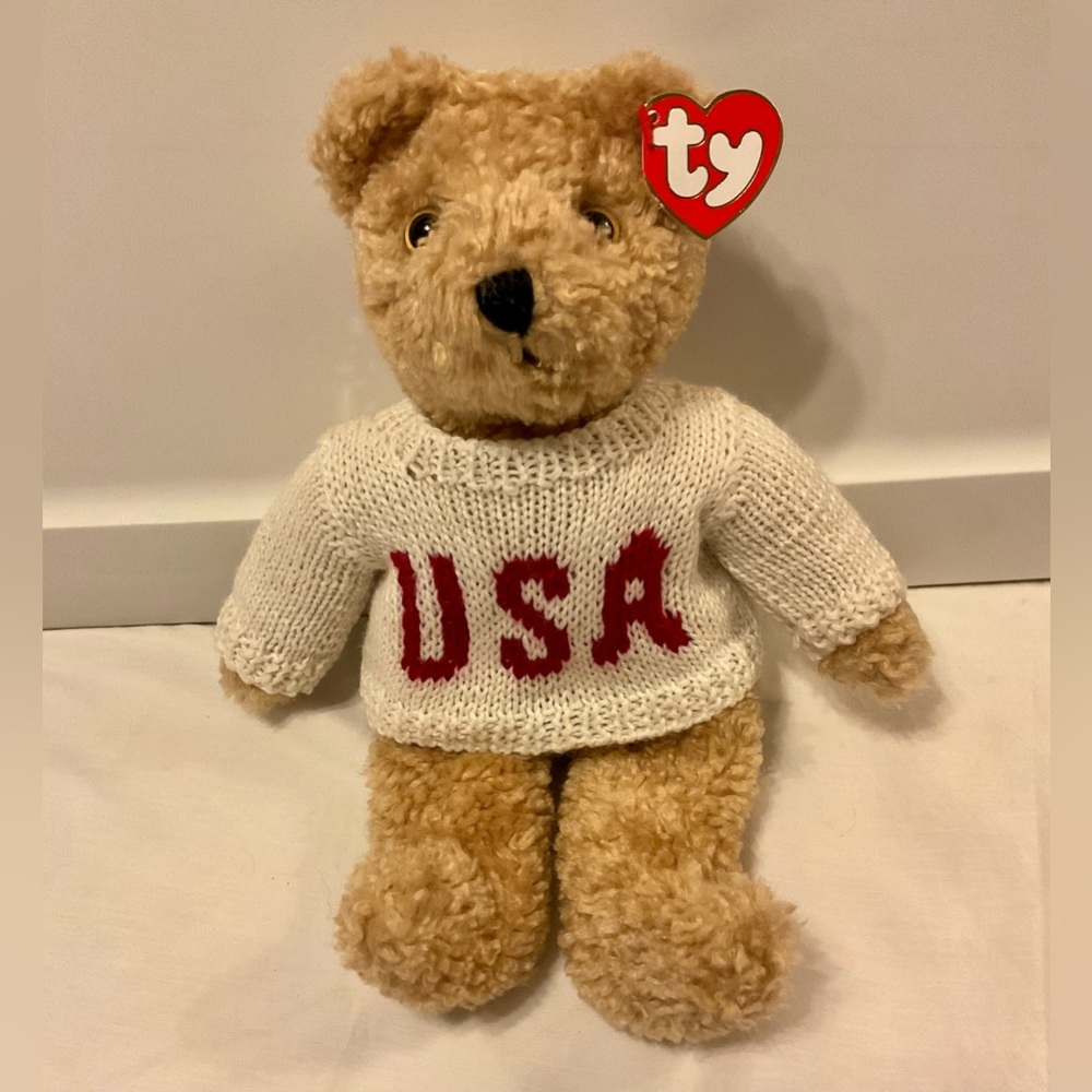 Ty Baby America 🇺🇸 USA Curly plush teddy bear 🧸 in cream sweater